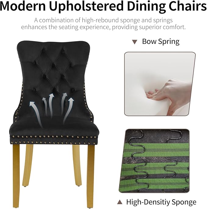 Velvet Dining Chairs Set of 6, Upholstered Dining Room Chairs with Lion Head Pulls Ring and Golden Solid Wood Legs, Modern Button Tufted Kitchen Chairs for Dining Room, Kitchen(Black)