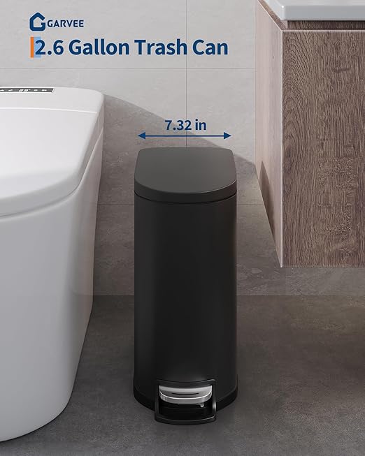 2.6 Gallon Bathroom Trash Can with Lid, Slim Step Pedal Garbage Bin, Stainless Steel Wastebasket with Soft-Close Lid, Removable Inner Bucket & Rear Handle for Bathroom, Office & Small Spaces-Black