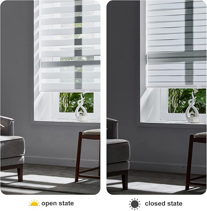 Persilux Cordless Zebra Blinds for Windows Dual Layer Roller Blinds (66"W x 64"H, White) Free-Stop Roller Blinds for Sliding Doors, Light Control for Day and Night, Light Filtering Sheer Roller Shades