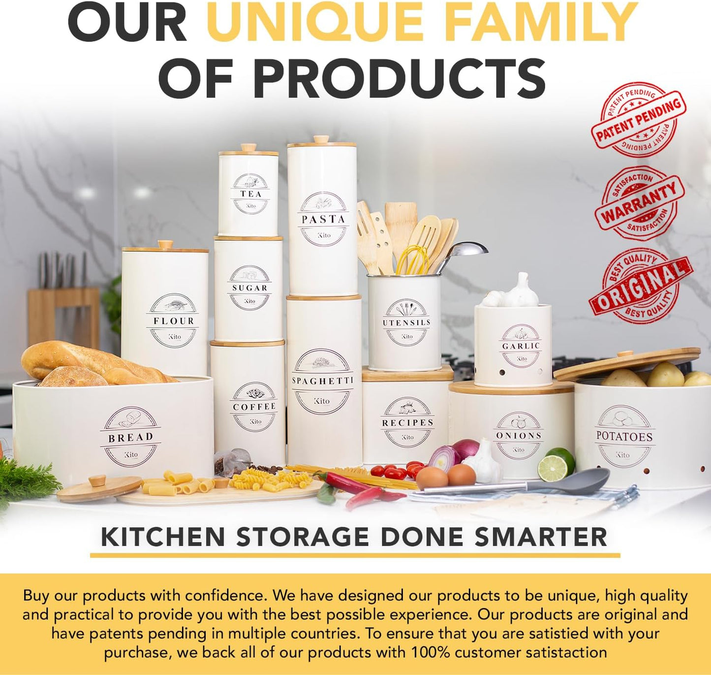 Canisters Sets for Kitchen Counter Storage and Organization with Wooden Bamboo Lids, Food Pantry Containers, Stackable Steel Storage Bins, Airtight Sugar Tea Coffee Canisters - White