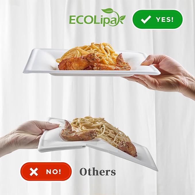 ECOLipak 7.85 Inch Compostable Square Paper Plates, 300 Count Heavy Duty Paper Plates, Eco Friendly Disposable Sugarcane for Party, Daily