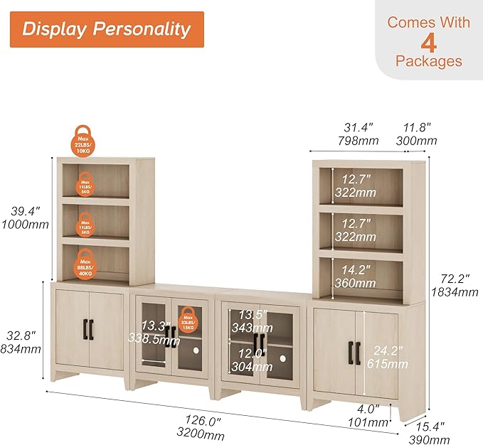 WAMPAT Entertainment Center with Bookshelves, 4-Piece Modular TV Stand with Storage Towers, Farmhouse Media Console with Glass Doors for Living Room, Bedroom, Beige
