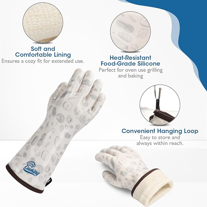Heat Resistant Gloves Oven Hot Mitts with Fingers Silicone Oven Glove for Cooking Baking Grilling BBQ Cute Print White Large