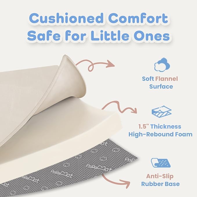 1.5" Thick Padded Baby Play Mat for Floor Tummy Time, Pro Soft Foam Activity Playroom Playmats, Easy Care with Non-Slip Safe for Infant Toddler Kids Crawling 59"x 71" (Beige)