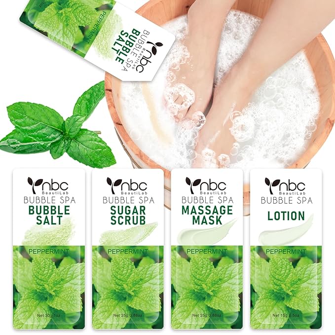 Pedicure Kit Foot Soak Set: Bubble Salt, Sugar Scrub, Massage Mask, Massage Lotion in a Box, 4 Step Foot Spa Kit for Dry Feet, Calluses and Tired Feet(1 Set Peppermint)