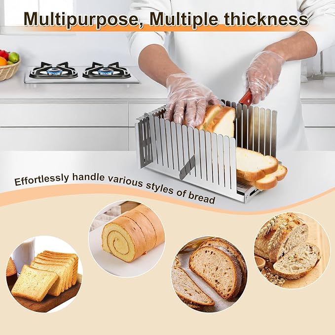 Stainless steel Bread Slicer for Homemade Bread,Adjustable Width,Foldable Compact,Bread Slicing Guide,Bread Loaf Slicer,for Cakes,Bagels,slice is 0.5",Bread width: 5.5"-8.3" (Gray)