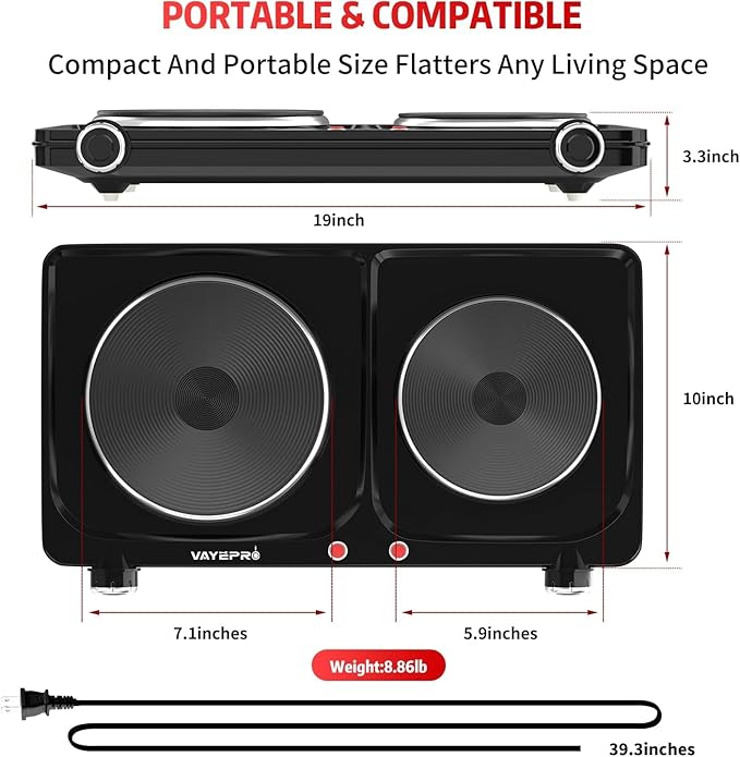 Hot Plate for Cooking, Vayepro 1800W Portable Electric Stove,Double Electric Burner for Cooking,UL listed,Cooktop for Dorm Office Home Camp, Compatible with All Cookware