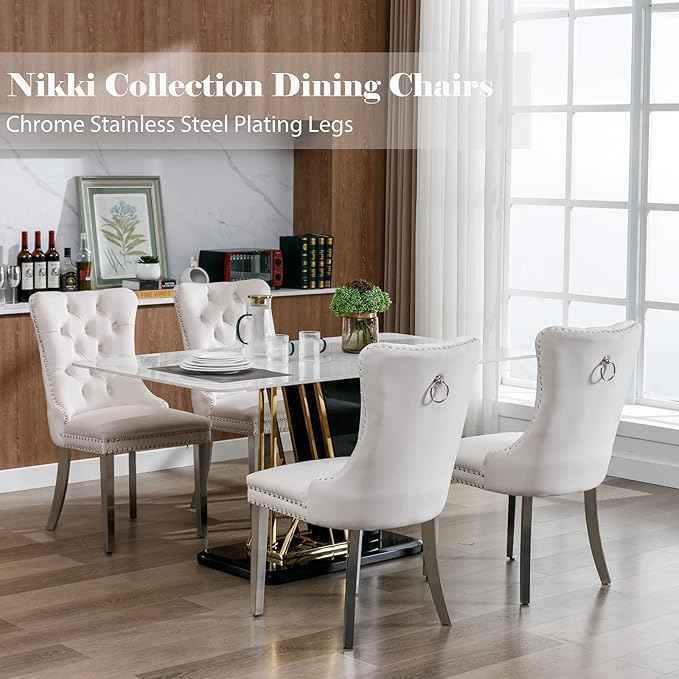 Dining Room Chairs Set of 4, Velvet Upholstered Dining Chairs with Back Ring Pull Trim and Sliver Stainless Steel Legs,Modern Dining Chair Perfect for Dining Room,Living Room,Kitchen(Beige)