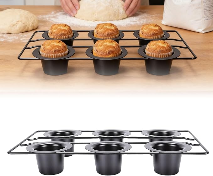 Aramox 6 Cup Popover Pan for Baking, Non Stick Carbon Steel, Deep Tapered Cups with Wire Rack, 22.5x40.5x5.5cm/8.9x15.9x2.2in