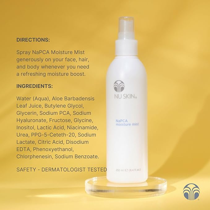 Nu Skin NaPCA Moisture Mist | Revitalizing Moisturizer & Cooling Mist with Hyaluronic Acid | Hydrating Spray for Face, Body & Hair | Sodium PCA for All Skin Types | 8 oz | 2 Pack