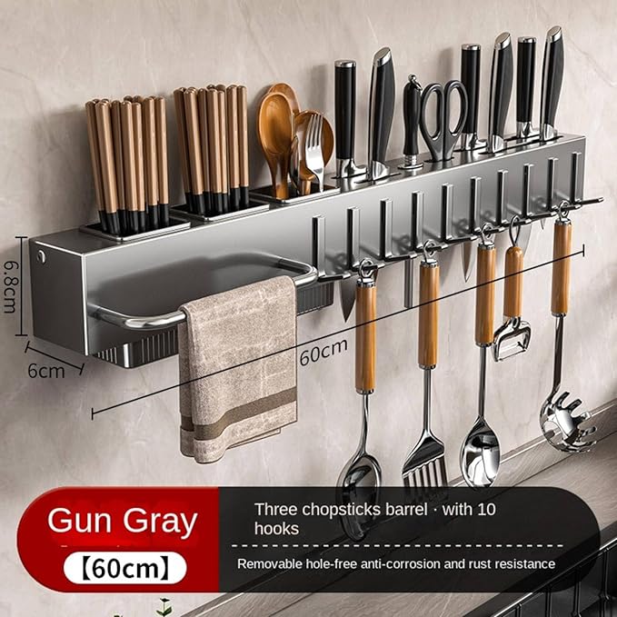 New Multi-Functional Kitchen Rack Home Wall-Mounted Knives Chopstick and Spoon Storage Rack Punch-Free cookware draining Rack, 30, Black