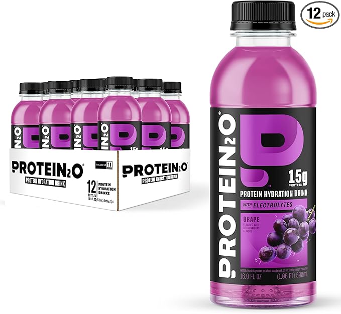 Protein2o Hydration Drink - 2-in-1 Liquid Clear Whey Protein Isolate and Electrolyte Drink - 15g Protein, Vitamins B5, B6 - Post-Workout Recovery - 16.9 Fl Oz - 12 Count Grape