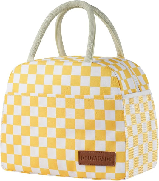 douyadady Lunch Bag Women/Men Lunch Box Women/Men (Yellow+White Checkerboard)