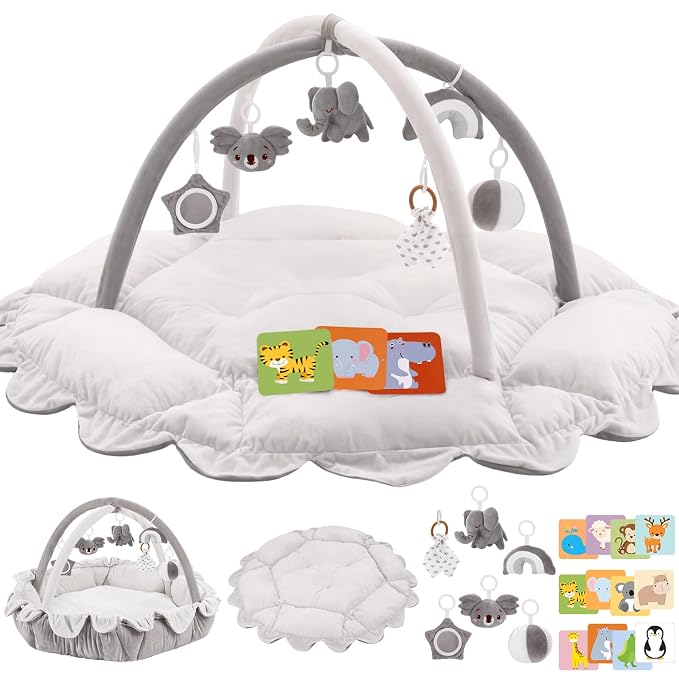 5-in-1 Plush Baby Play Gym, Activity Mat with Convertible Gym, Baby Gym 6 Sensory Toys, Play Center for Newborn to Toddler, Grey