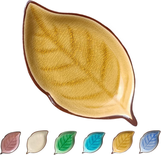 Ceramic Spoon Rest for Stove Top, Ice Cracks Leaf Cute Spoon Rest for Kitchen Counter, Cooking Spoon Holder for Kitchen Counter, Utensil Rest Spatula Rest Ladle Holder Tong Rest, 1 PC (A, Fall yellow)