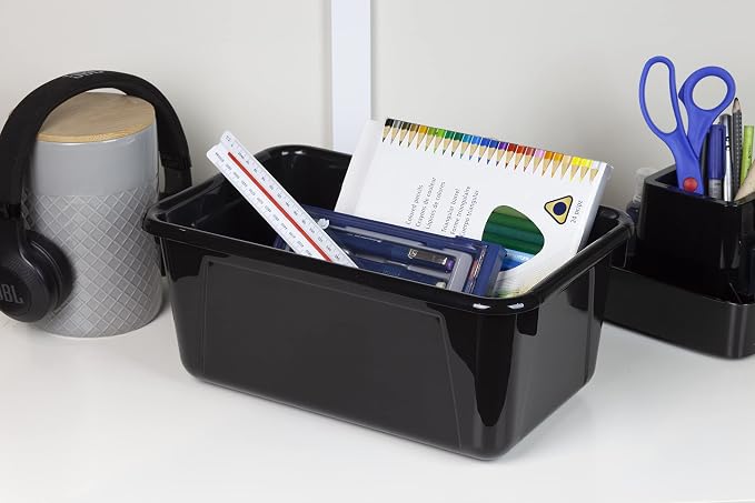 Storex Small Cubby Bins – Plastic Storage Containers for Classroom, 12.2 x 7.8 x 5.1 inches, Black, 5-Pack (62466A05C)
