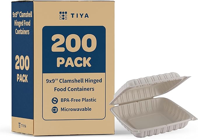TIYA Clamshell Food Containers - White Bulk 150 Pack, 9x9 in - BPA-Free Plastic To-Go Containers - Microwavable, Hinged, Tall Reusable Clamshells - Great for Meal Prep