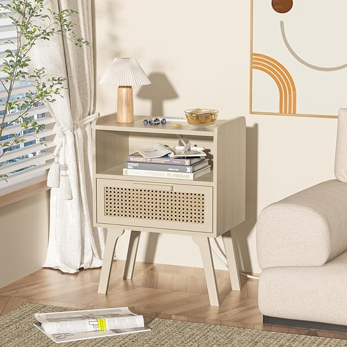 Lerliuo Rattan Nightstands Set of 2 with Charging Station, Side Table with Drawer Open Shelf, Cane Accent Bedside End Table, Night Stand for Bedroom, Dorm and Small Spaces (Grey White)