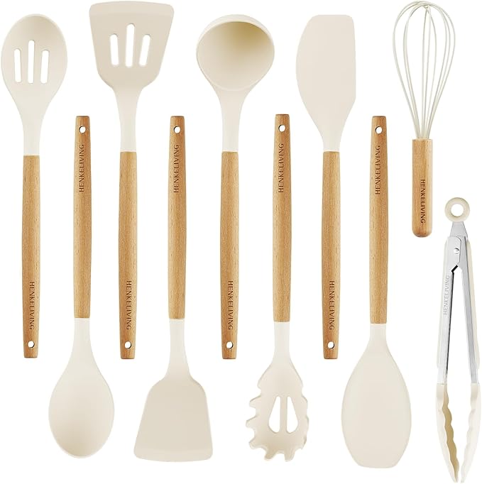 Silicone 10 Pcs Kitchen Cooking Utensils Set, Recycled Materials Certification, BPA Free Spatula Set with Heat Resistant Wood Handles for Nonstick Cookware, Cream White