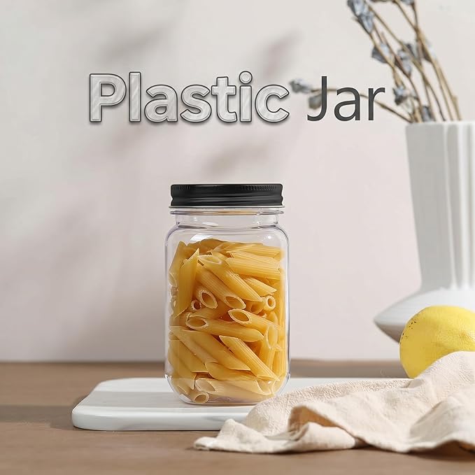 novelinks 16 oz Clear Plastic Jars with Lids, Refillable 16oz Mason Jars with Lids & Storage Containers for Kitchen & Household Use (20 Pack,Black)