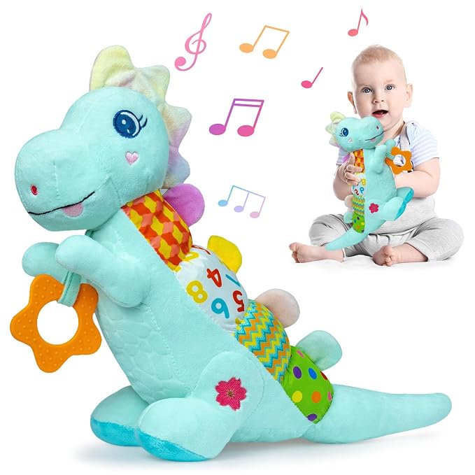 Baby Dino Plush Soft Stuffed Animal Toy for 0-3-6-12+ Months,Infant Musical Toy with Rattle,Squeaker,Sensory Crinkle,Teether & Textures,Tummy Time Toys Christmas Baby Gift for Newborn Girl Boy (Blue)