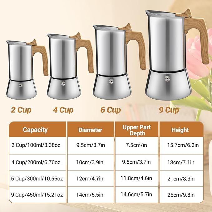 No Coating 6 Cup Moka Pot Thickened 304 Stainless Steel Stovetop Espresso Coffee Maker 300ml 10.1oz Mocha Percolator Greca Cuban Ideal for Making Rich Authentic Italian Café