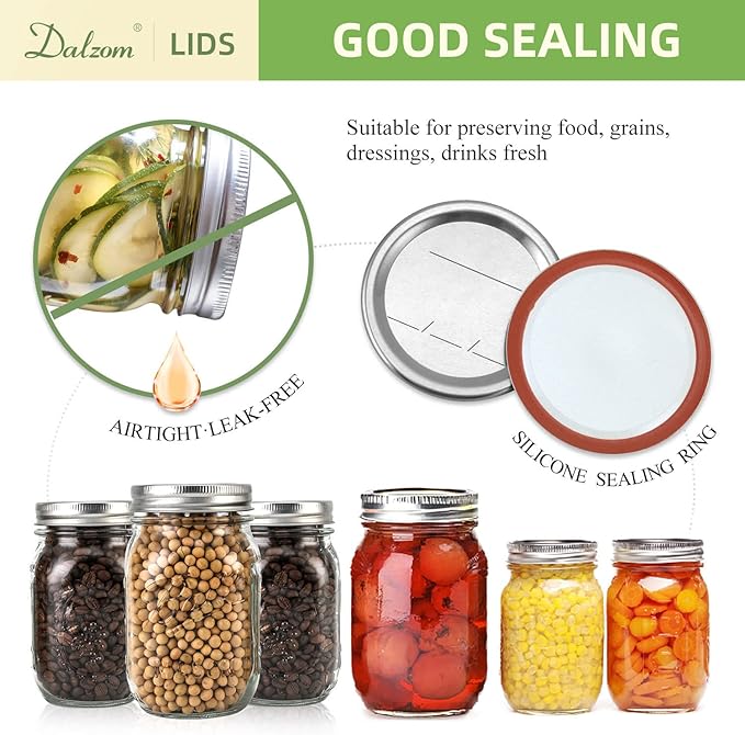 Dalzom® 24Pcs Canning Lids with 24Pcs Rings Wide Mouth, Premium Mason Jar Lids with Bands/Rings for Ball, Kerr Jars - Food Grade Material, 100% Fit & Airtight for Wide Mouth Mason Jars