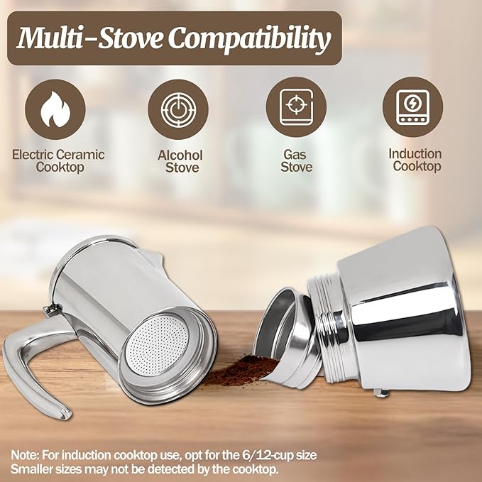 6 Cup Thickened Moka Pot 304 Stainless Steel 300ml Italian Espresso Coffee Maker Stovetop CoffeeMakers Mocha Pot Percolator for Induction Stove Classic Cafe Makers Portable for Easy Brewing