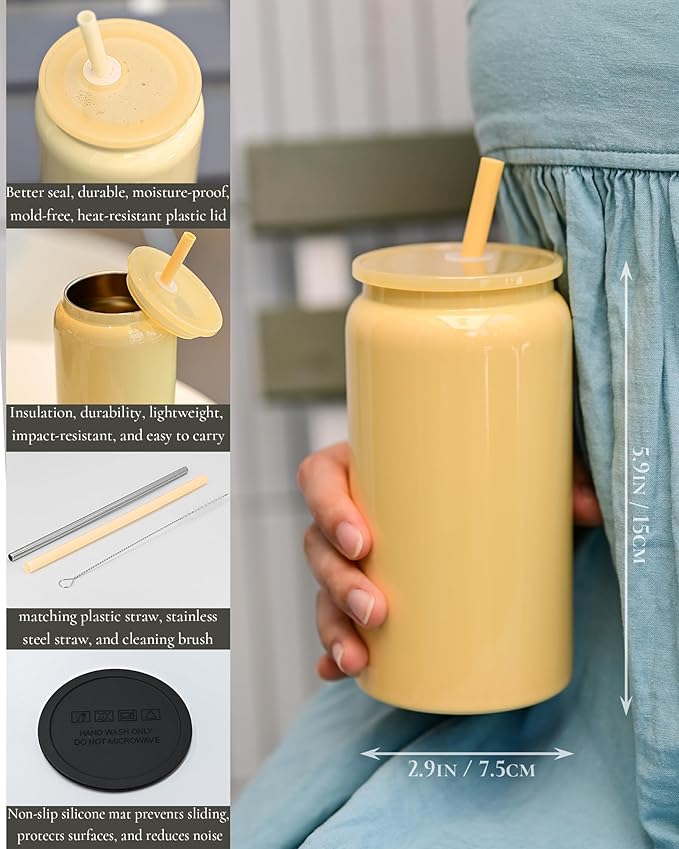 Glass Cups with Lids and Straws, 16oz Stainless Steels Cups, Beer Cups, Iced Coffee Cup, Smoothie Cup, Sublimation Tumbler, Purple (Smooth Polished Finish, Sublimatable)