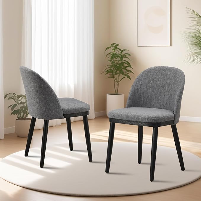 Wooden Dining Chairs Set of 2,Upholstered Kitchen Dining Room Chairs with Curved Backrest and Wood Leg,Modern Fabric Farmhouse Dinner Chair for Restaurant/Cafe,Grey