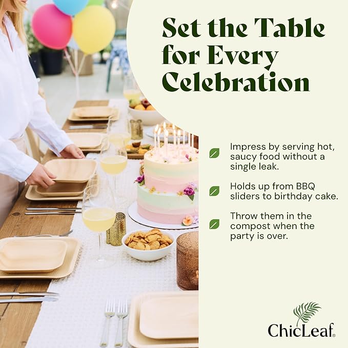 Chic Leaf Palm Leaf Plates Disposable Inch Square Pack Compostable Biodegradable & Eco Friendly Plates - Microwave Safe Disposable (10'' - 25 Pack)