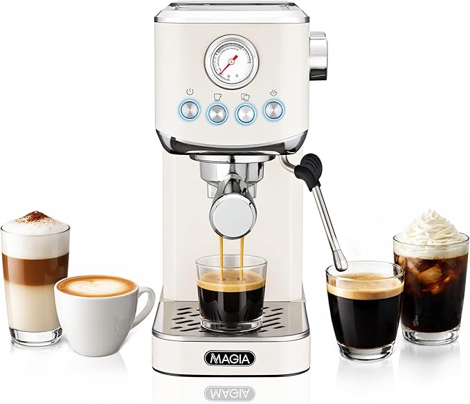 Zulay Kitchen Magia Compact Espresso Machine – 20 Bar Coffee Maker with Milk Frother Steam Wand, Latte & Cappuccino Maker, 1350W Fast Heating, 40oz Removable Water Tank, Stainless Steel – Cream