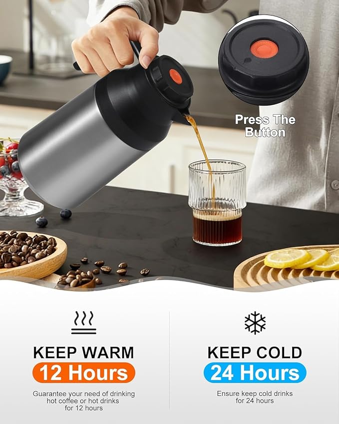 Thermal Coffee Carafe Insulated Stainless Steel Coffee Carafe for Hot Liquid Vacuum Thermal Pot Creamer Pitcher Dispenser Keeping Hot Water Milk (silver68 oz)