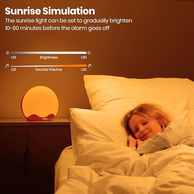Wake up Light, Sunrise Alarm Clock with 10,000 Lux Therapy Light, Light Therapy Lamp with 20 Brightness & 4 Color Temperature, 11 Color Lights, Dual Alarm & Snooze Function