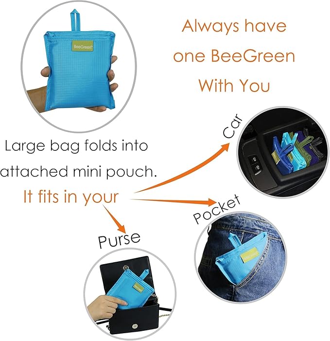 BeeGreen Light Blue Reusable Grocery Bags with Zipper Storage Pouch 10 Packs Blue Reusable Shopping Bags Bulk Foldable-Machine Washable