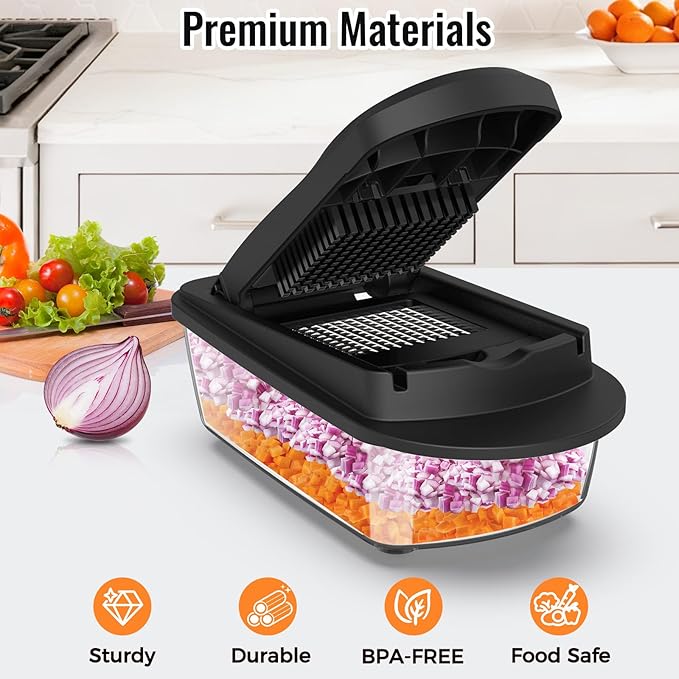12 Blade All-in-1 Vegetable Chopper Mandoline Slicer with Container, Spiralizer with Containers, Food Chopper, Onion Chopper, Veggie Cutter for Salad, Kitchen Gadgets Accessories Essentials, Black