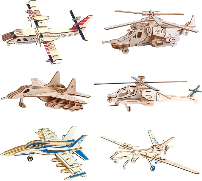 3D Wooden Puzzle - 6 Piece Set Aircraft & Helicopter Wooden Crafts Assembly Building Model Kits - Wood Aircraft & Helicopter STEM DIY Brain Teaser Puzzle for Adults & Teens Christmas Birthday Gifts