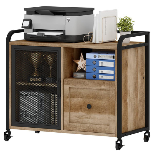 BON AUGURE Filing Cabinet for Home Office, Lateral File Cabinet with Drawer for Letter/ A4 Size, Mobile Printer Stand with Open Storage (Vintage Oak)