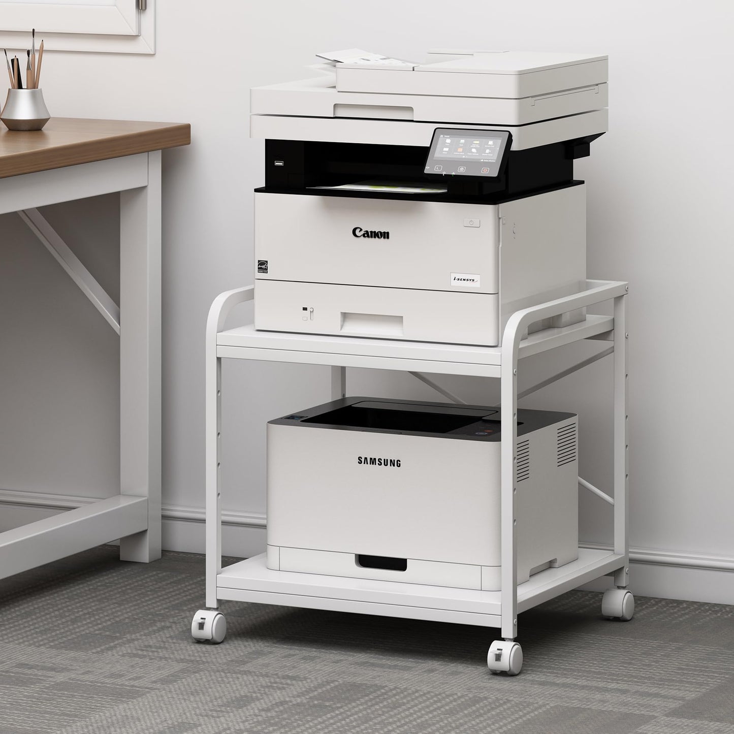 Fannova 20 Inches Deep Large Printer Stand, 2 Tier Under Desk Printer Table with Height Adjustable Shelf, Rolling Printer Cart with Wheels for Home Office Storage - White