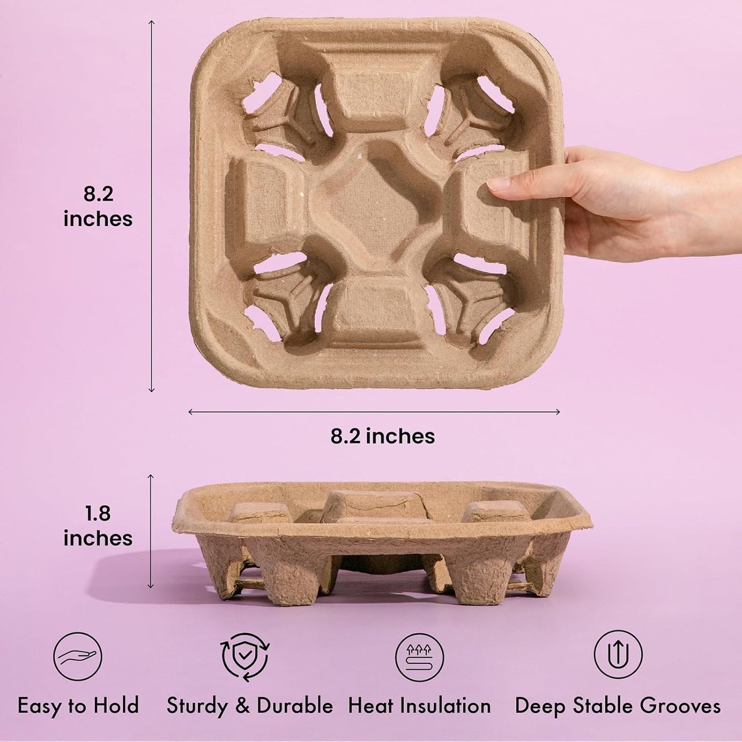FMP Brands 4 Cup Disposable Drink Carrier Trays, 45 Pack Compostable Pulp Fiber Cup Holder for 8-32 oz Cup, Durable to Go Coffee Cup Holders for Delivery Service, Uber Eats