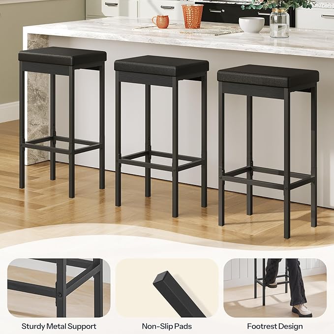 HOOBRO Bar Stools, Set of 3 Modern Black Rectangular Bar Chairs, 24.8-Inch Height, 2" Thick Upholstered Seat with High-Density Sponge, for Kitchen, Dining Room, Cafe, Bar Counter