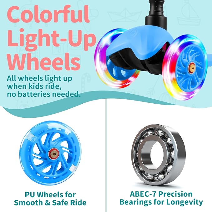 BELEEV A1 Scooter for Kids Ages 2-6, 3 Wheel Kick Scooter for Toddlers Girls Boys, Light up Wheels, Adjustable Height, Lean to Steer, Non-Slip Deck, Lightweight Push Scooter for Children