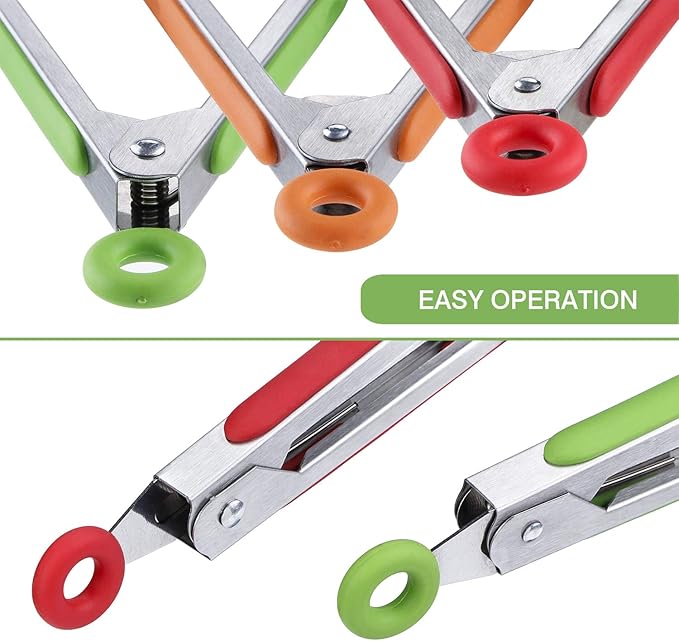 7 inch Cooking Tongs, MSY BIGSUNNY Set of 3 Mini Kitchen Tongs Silicone Serving Tongs With Silicone Tips for FoodGrill, Salad, BBQ (Red Green Orange)
