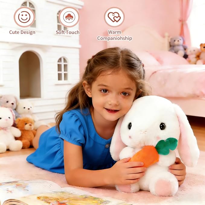 HOUPU Soft Toy - Sitting Lop Eared Rabbit, Easter White Rabbit Stuffed Bunny Animal with Carrot Soft Lovely Realistic Long-Eared Standing Pink Plush Toys (White-Carrot,8.6in/22cm)