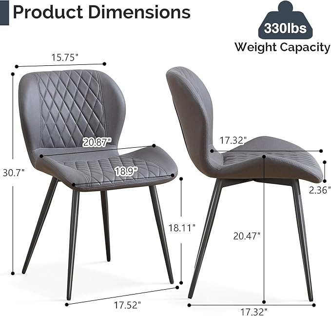 Dining Chairs Set of 2, Comfy Modern Dining Chairs with Thick Cushions, Upholstered Fabric Kitchen Side Chairs with Adjustable Metal Legs for Dining Room (Dark Grey)