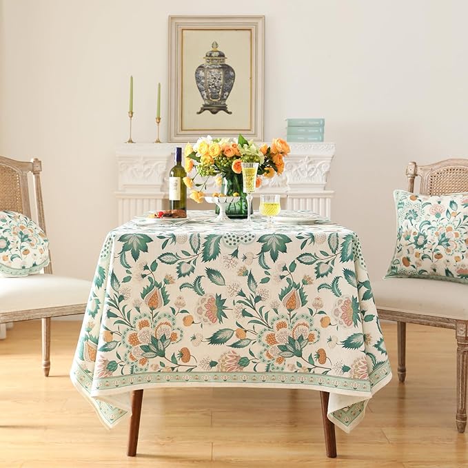 patdrea Designer French Green Small Square Table Cloth,Vintage Italian Floral Country Linen Tablecloth,Wrinkle Free Decor Cover for Kitchen,Dining,Christmas,Party,Thanksgiving,55"x55"-Tree Life