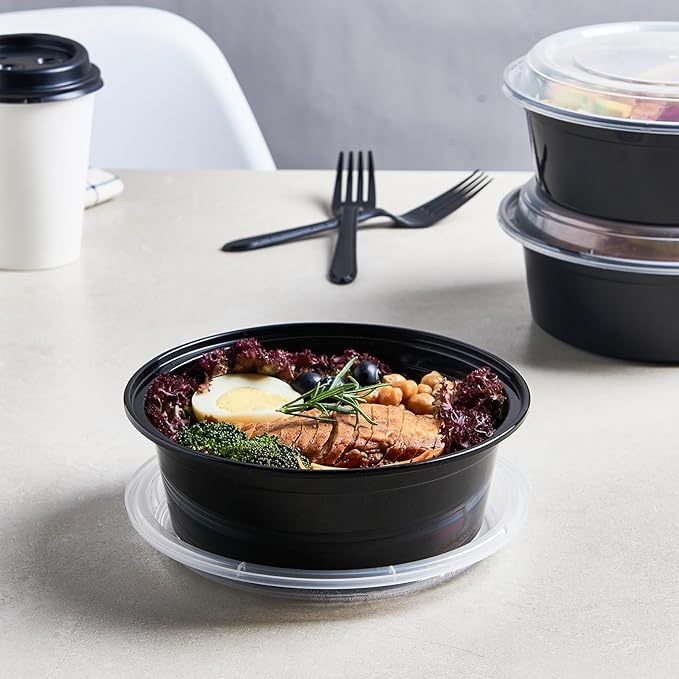 32 oz 150 ct Round Meal Prep Containers with Lids Plastic Food Storage Lunch Plan To Go Box Disposable Take Out Bowl Black BPA Free Reusable Stackable Microwave Freezer Safe (Formerly FULING)