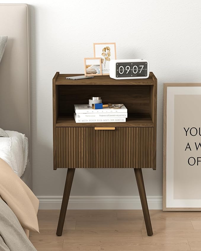 Nightstand,Modern Bedside Table with Storage Drawer and Open Wood Shelf, for Living Room, Bedroom and Small Spaces, Accent Night Stand with Solid Wood Legs, Easy Assembly,Walnut Brown