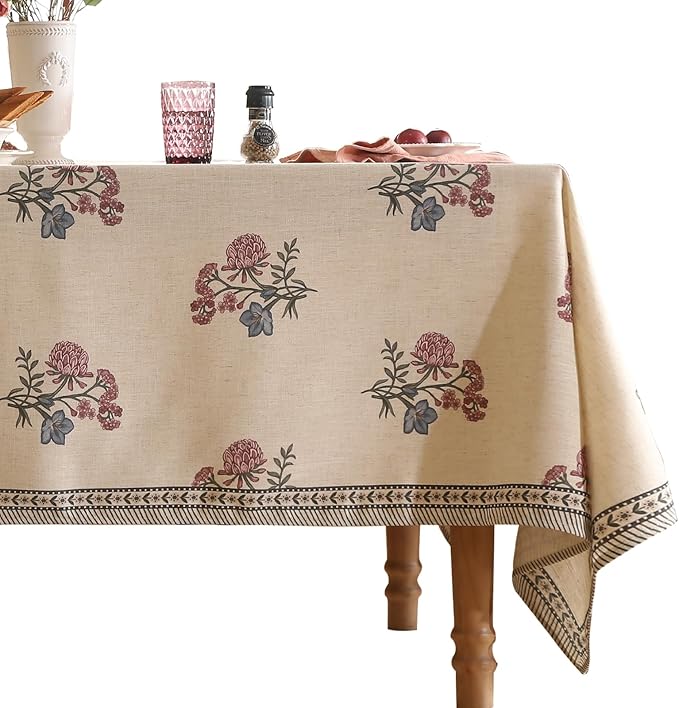 ISAENNE Designer Linen Light Beige Extra Long Table Cloth Rectangle,French Colorful Floral Tablecloth,Stain Resistant Decor Tablecloths for Dining Thanksgiving Kitchen,63"*110"-Helena E