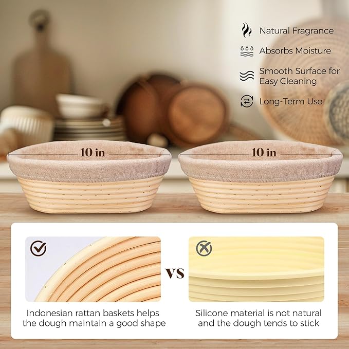 Banneton Bread Proofing Basket - Sourdough Starter Kit Includes 10" Oval Banneton Sourdough Proofing Basket Set of 2, Sourdough Bread Baking Supplies for Making Baking Fermentation